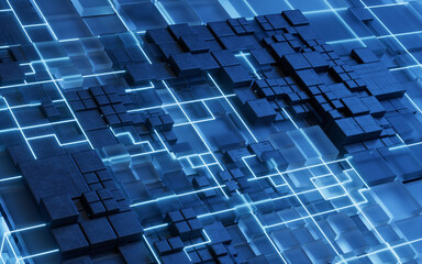 Technology cube circuit board structure, 3d rendering.