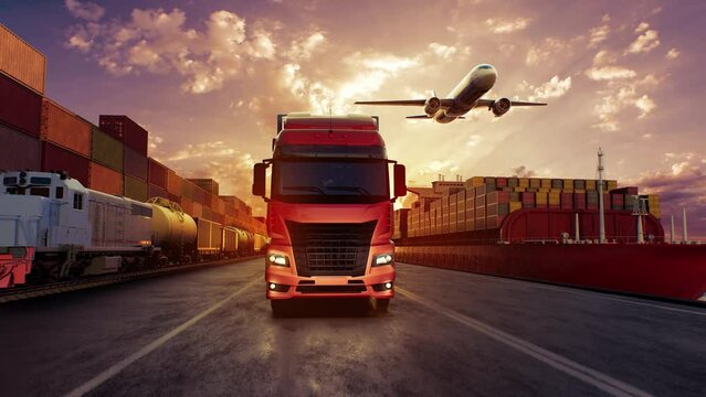 Transportation worldwide by ship, plane, train and truck. Concept of logistics. Cinematic view.