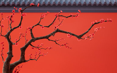 Plum blossom with Chinese ancient wall, 3d rendering.