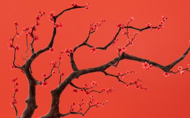 Plum blossom with red background, 3d rendering.
