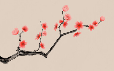 Plum blossom with Chinese ink painting style, 3d rendering. © Vink Fan