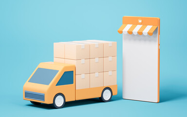 Truck and cargo box with cartoon style, 3d rendering.