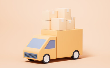 Truck and cargo box with cartoon style, 3d rendering.