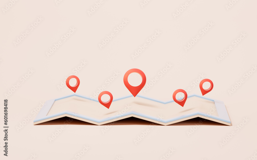 Poster map and location pointer with cartoon style, 3d rendering.