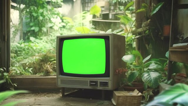 Retro tube tv, 70s television with a green screen in a in the greenhouse.
