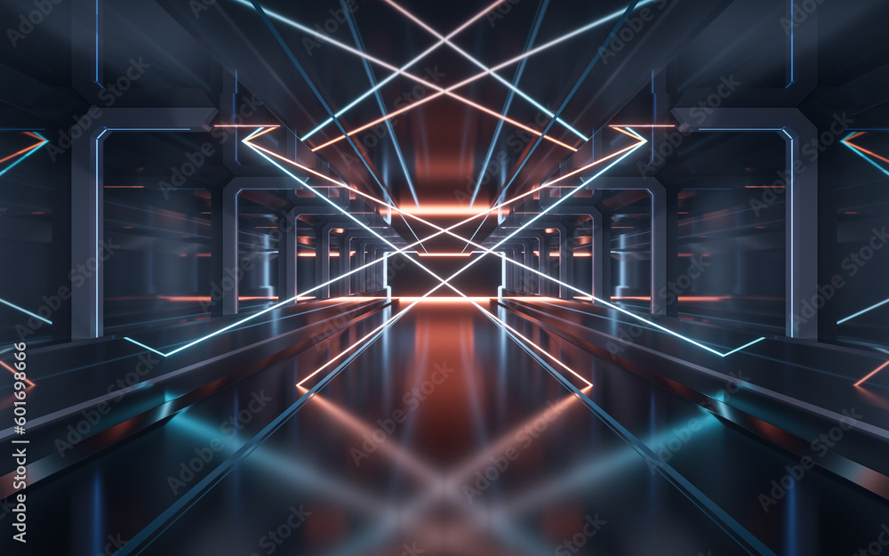Poster dark tunnel with technology structure, 3d rendering.