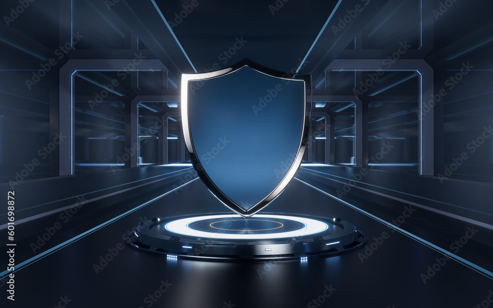 Poster glossy shield with technology background, 3d rendering.
