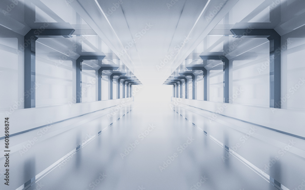 Poster white empty tunnel, futuristic tunnel, 3d rendering.