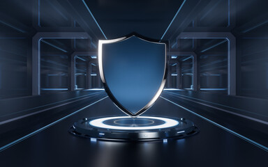 Glossy shield with technology background, 3d rendering.