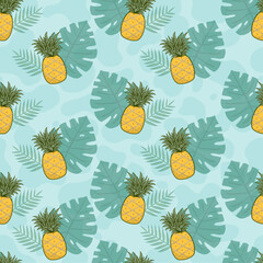 Cute pineaplle and leaves seamless pattern with pastel background