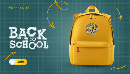 Back to school banner, yellow backpack and chalk lettering - obrazy, fototapety, plakaty
