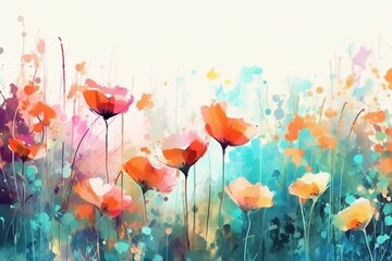 Naklejka premium Colorful Flowers and Splatters Over White, Light Orange and Sky-Blue Style, Illustration for Various Purposes, Generative AI