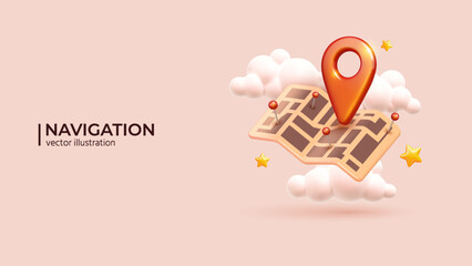 Red navigation pin on paper map - Travel concept. 3D Realistic creative conceptual symbol of search concept in cute cartoon style. Vector illustration - 601699234