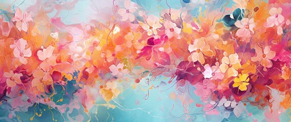 Obraz na płótnie Canvas Paint Splatter Watercolor Floral Backgrounds, Illustration in Peach, Teal, and Pink Pastel Colors, Generative AI