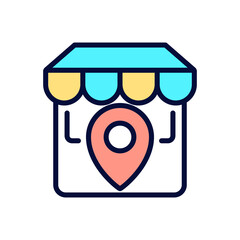 Store location pixel perfect RGB color icon. Physical shop position. Website information. Market address. Isolated vector illustration. Simple filled line drawing. Editable stroke. Arial font used
