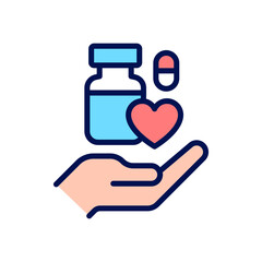 Medical donation pixel perfect RGB color icon. Unused medicine disposal. Donating returned drugs. Isolated vector illustration. Simple filled line drawing. Editable stroke. Arial font used