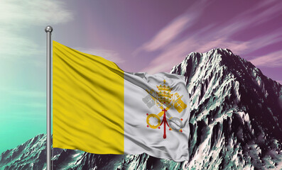 Vatican City national flag cloth fabric waving on beautiful sky mountain Background.