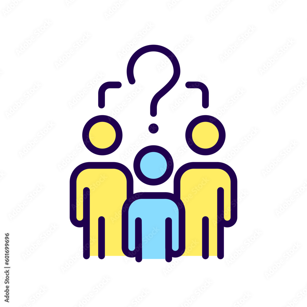 Poster common question rgb color icon. people group and question mark. social problems solution. isolated v