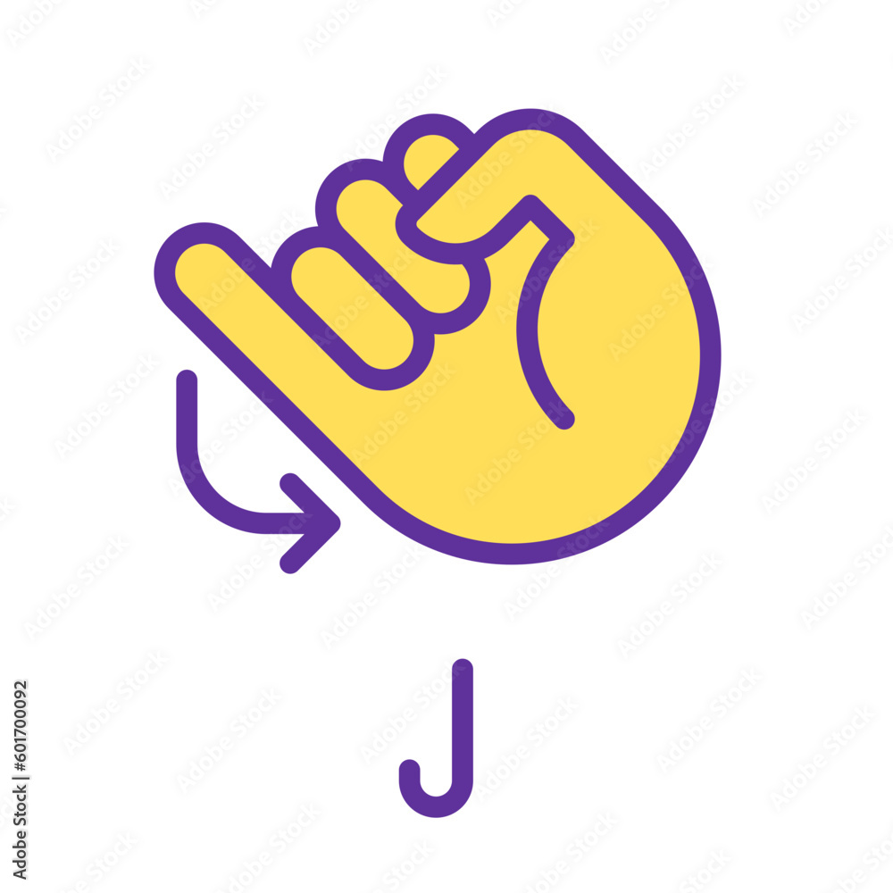 Poster letter j sign in asl pixel perfect rgb color icon. system of nonverbal communication. words visualiz