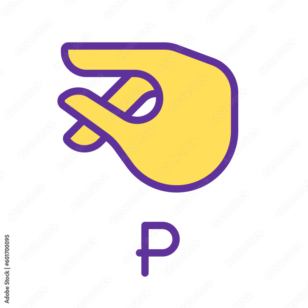 Poster letter p sign in asl pixel perfect rgb color icon. system of nonverbal communication. gesturing. iso