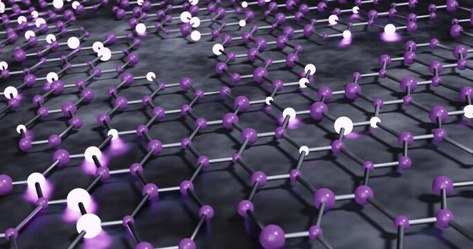 Neuronales Netzwerk f&uuml;r k&uuml;nstliche Intelligenz.
3D-Video Rendering der Graphenoberfl&auml;che, lila und wei&szlig;e Atome mit Bindungen entstehen und erweitern sich mit gl&auml;nzender Kohlenstoffstruktur