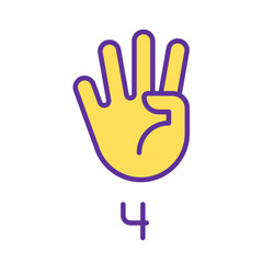 Digit four sign in ASL pixel perfect RGB color icon. Nonverbal communication performing. Modality. Isolated vector illustration. Simple filled line drawing. Editable stroke. Arial font used