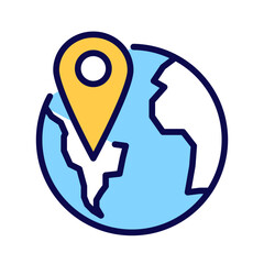 Globe with pin pixel perfect RGB color icon. Word navigation. Earth with destination mark. Isolated vector illustration. Simple filled line drawing. Editable stroke. Arial font used