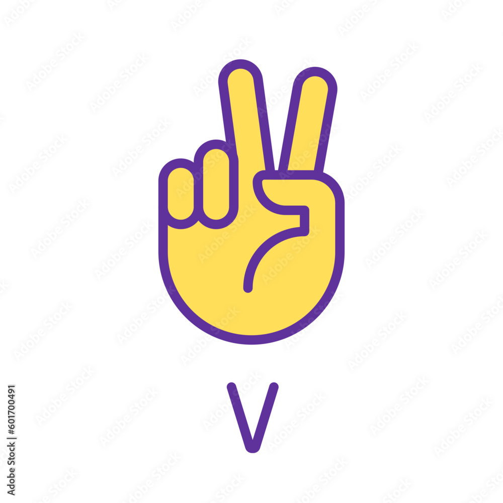 Aufkleber letter v in asl system pixel perfect rgb color icon. sound visualization by gestures. communication.