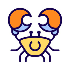 Crab pixel perfect RGB color icon. Fourth astrological sign. Cancer zodiac animal. Beach going creature. Isolated vector illustration. Simple filled line drawing. Editable stroke. Arial font used