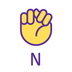 Letter N sign in ASL pixel perfect RGB color icon. Communication system. Visual modality. Isolated vector illustration. Simple filled line drawing. Editable stroke. Arial font used