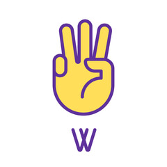 Letter W in American sign language pixel perfect RGB color icon. Nonverbal communication. Gestures system. Isolated vector illustration. Simple filled line drawing. Editable stroke. Arial font used