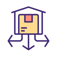 Distribution center pixel perfect RGB color icon. Warehouse with products. Orders management. Storehouse. Isolated vector illustration. Simple filled line drawing. Editable stroke. Arial font used