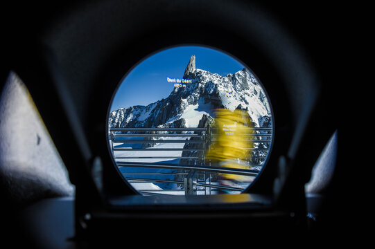 view of the dent of geant from a telescope on helbronner peak on mont blanc