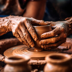 Close up of hands shaping a clay pot. Pottery. Generative AI. - obrazy, fototapety, plakaty