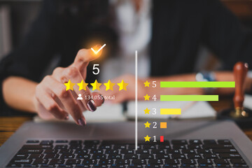 hand pointing at total review five stars average, review or feedback. Concept of online reviewing,...