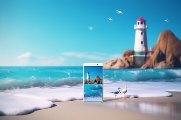 holiday sea up palm phone concept creative mock summer cyber sand. Generative AI.