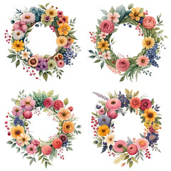 Set of floral wreaths on transparent background. Generative AI