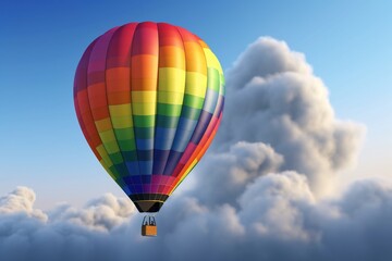 Naklejka premium Lonely Colorful rainbow hot air balloon in the color of the LGBT flag floating on the sky above the clouds. Generative ai