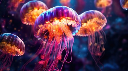 Fototapeta premium Neon glow Jellyfish in the wild. Generative AI