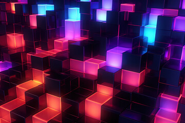 Abstract 3d background, Neon cubes, Generative ai