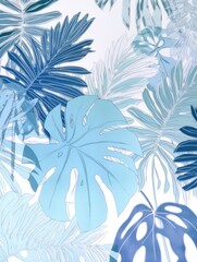 The backdrop of tropical leaves is dappled in varying shades of blue. This abstract design plays with light and shadow to create a natural texture. Bright, exotic spirit of summer. Generative AI.