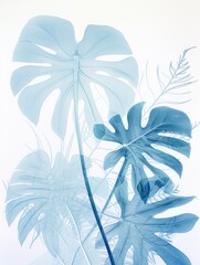 The backdrop of tropical leaves is dappled in varying shades of blue. This abstract design plays with light and shadow to create a natural texture. Bright, exotic spirit of summer. Generative AI.