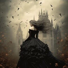 Gloomy Gothic illustration of a girl in a black dress on a castle background Generative AI