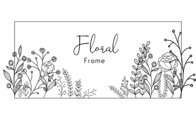 Elegant hand drawn floral frame with delicate meadow flowers, herbs, branches, plants. Vector illustration in line art style