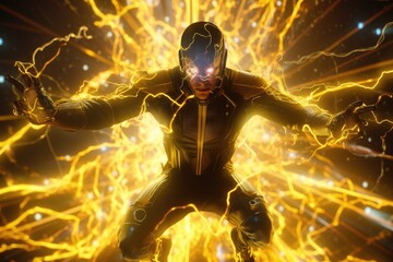 Fototapeta premium Sportive man plays video or computer game or is in metaverse with immersive technology virtual reality, VR headset, transforms in Superhero, Created with Generative AI 