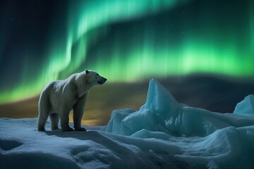 A large polar bear close-up in the Arctic at the North Pole in the snow against a background of green northern lights in the sky with stars, polar night, generative AI