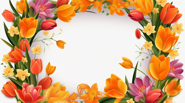 Spring flower border with tulips and narcissus, isolated on transparent background. Paper cut style. Decorative frame for Womens, Mothers Days, spring or summer seasonal holidays