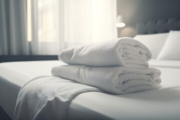 Fototapeta na wymiar luxury home service white towel hotel resort fresh bed room. Generative AI.