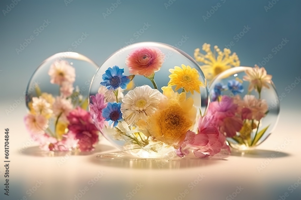 Poster an arrangement of flowers that are contained inside a bubble generative ai