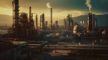 oil refinery at sunset, gernerative ai